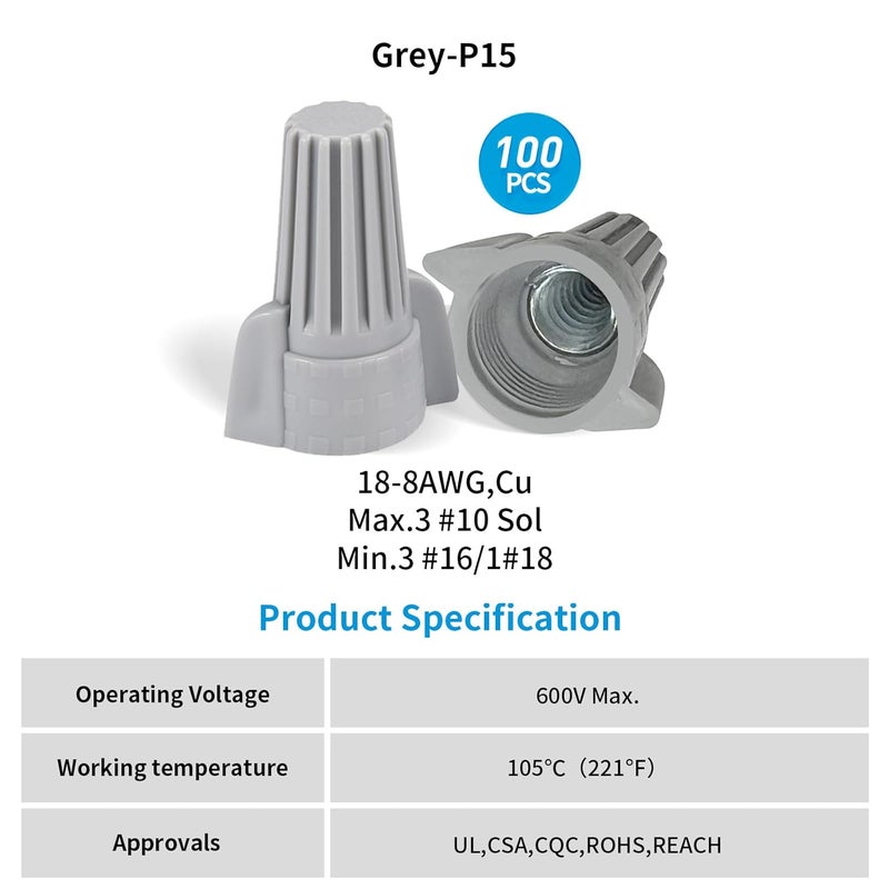DICIO Winged Wire Connectors Twist 100 PCs UL Listed, Electrical Connectors Screw-On Gray Wire Terminals for Connect Electrical Wiring,Low Voltage Grey Wire Caps for 18-8 AWG - Image 2